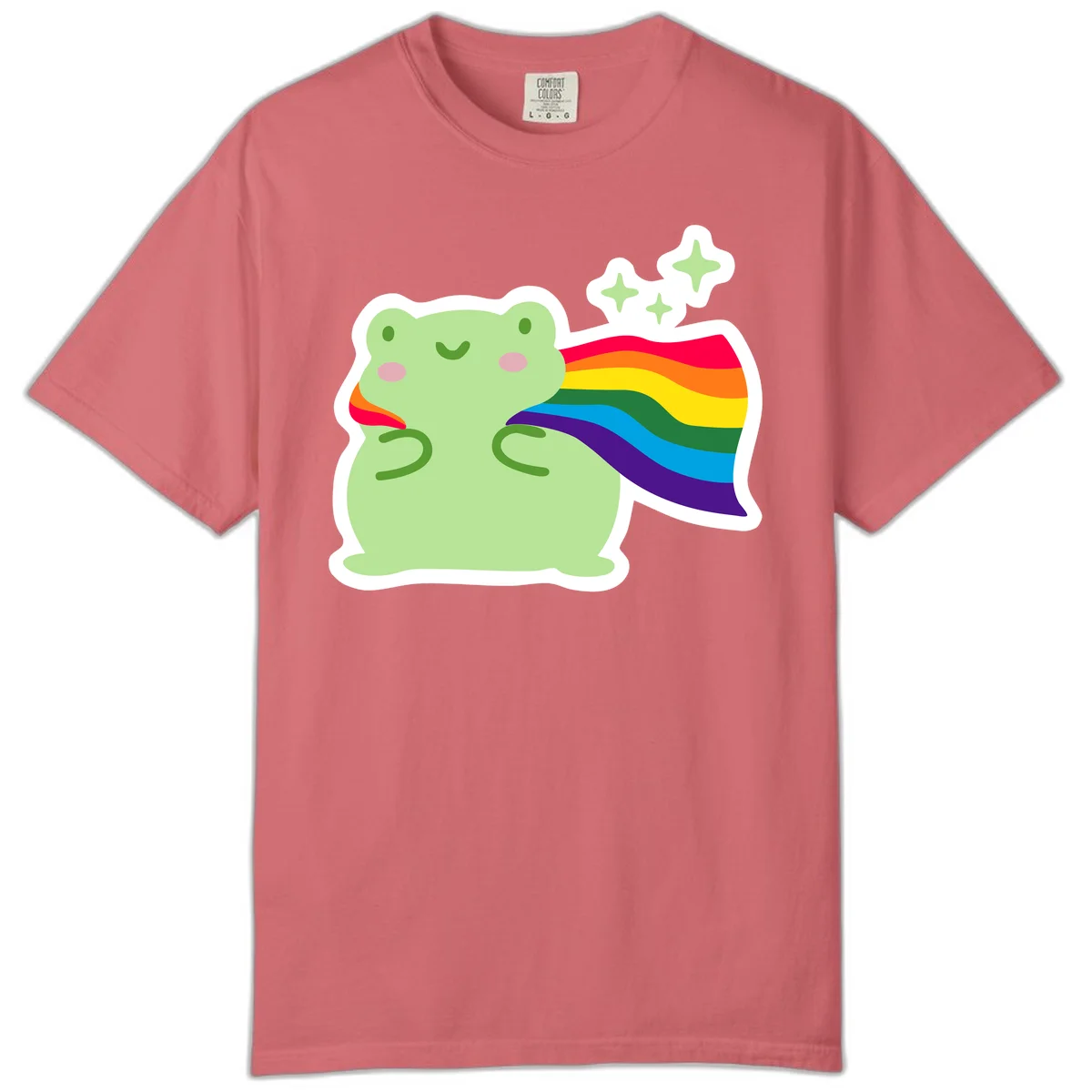 Cute green frog character holding a rainbow pride flag with sparkle stars, celebrating pride and inclusivity in Watermelon