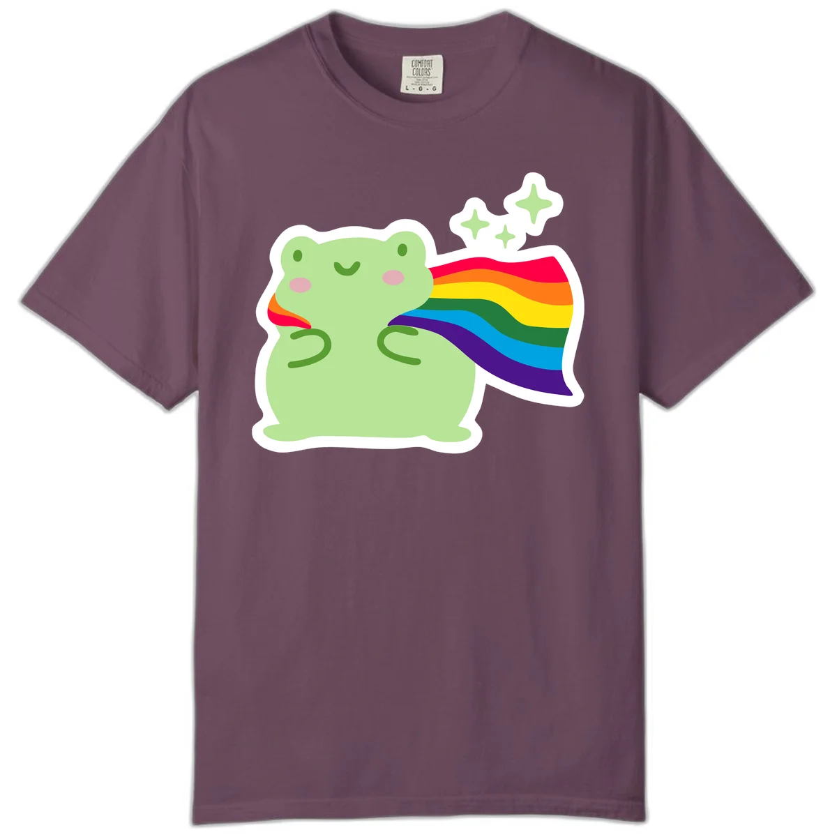 Cute green frog character holding a rainbow pride flag with sparkle stars, celebrating pride and inclusivity in Berry