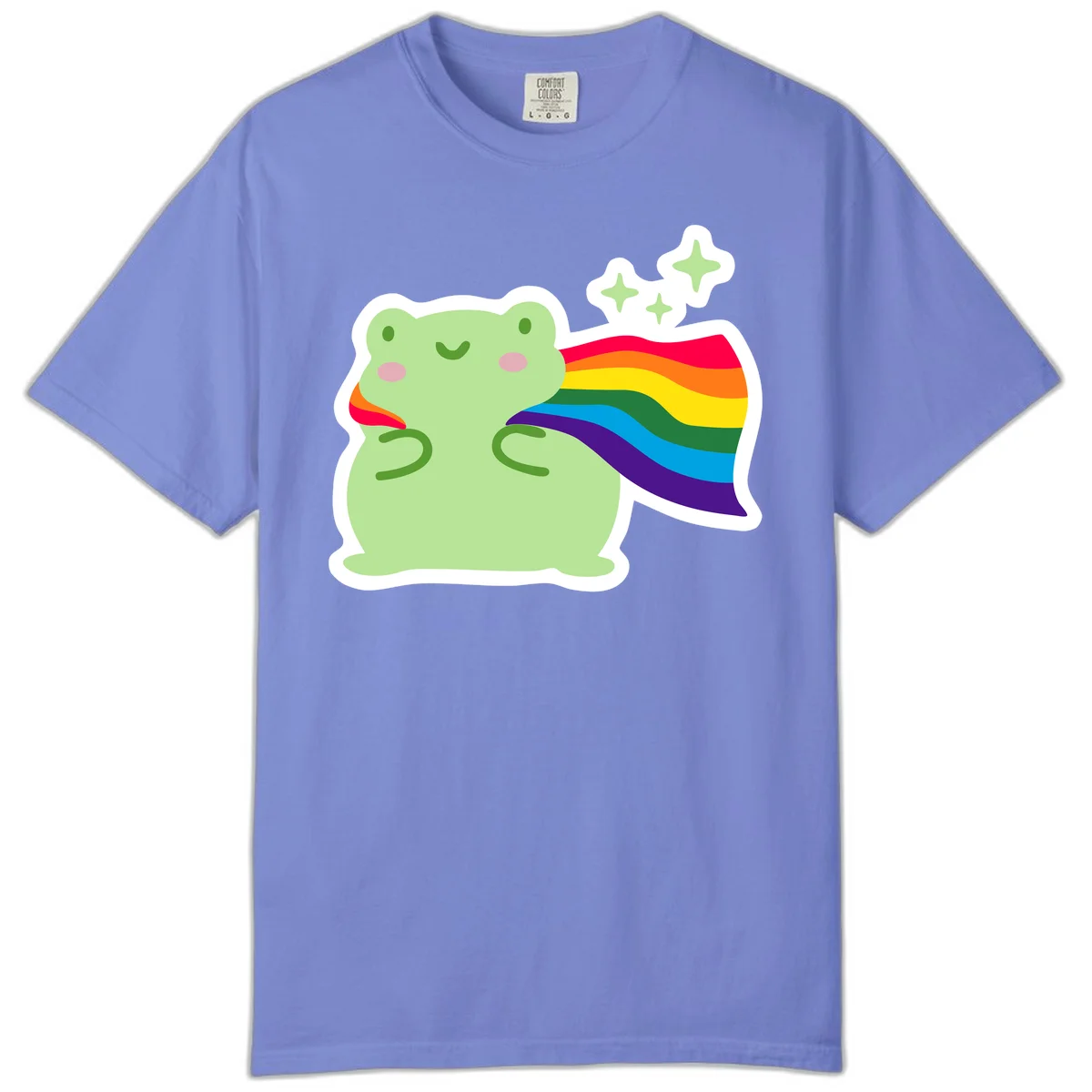 Cute green frog character holding a rainbow pride flag with sparkle stars, celebrating pride and inclusivity in Flo Blue