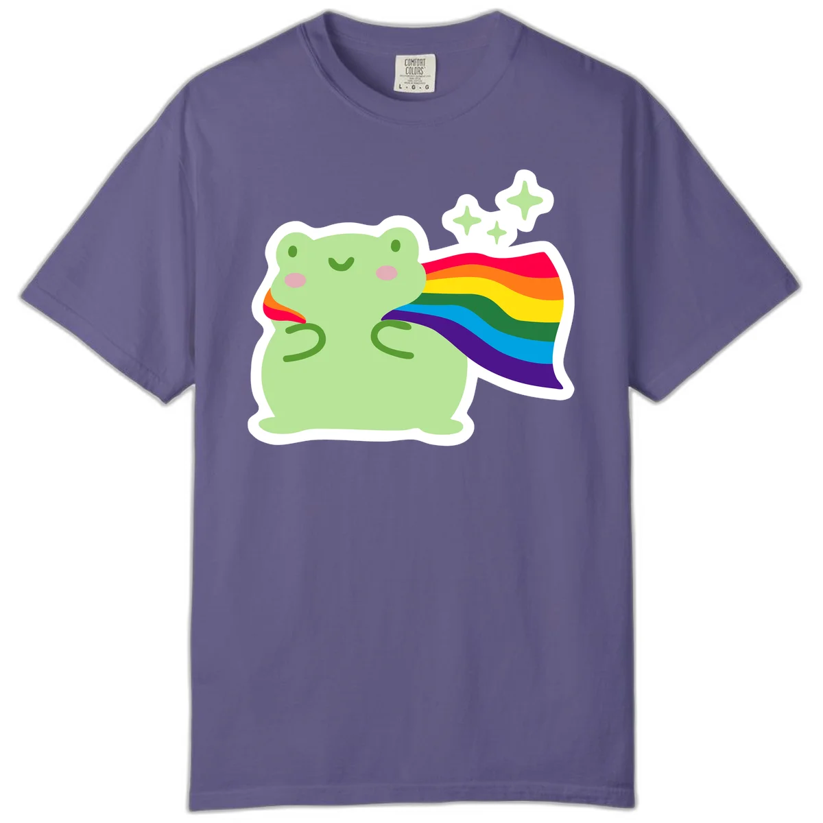 Cute green frog character holding a rainbow pride flag with sparkle stars, celebrating pride and inclusivity in Grape