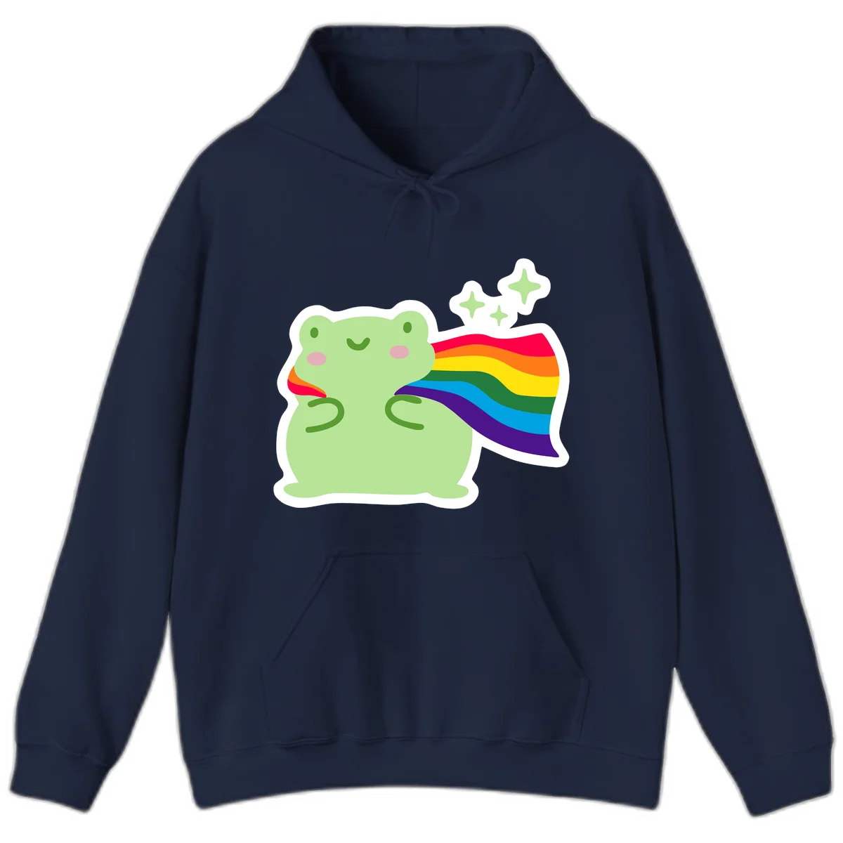 Cute green frog character holding a rainbow pride flag with sparkle stars, celebrating pride and inclusivity in Navy