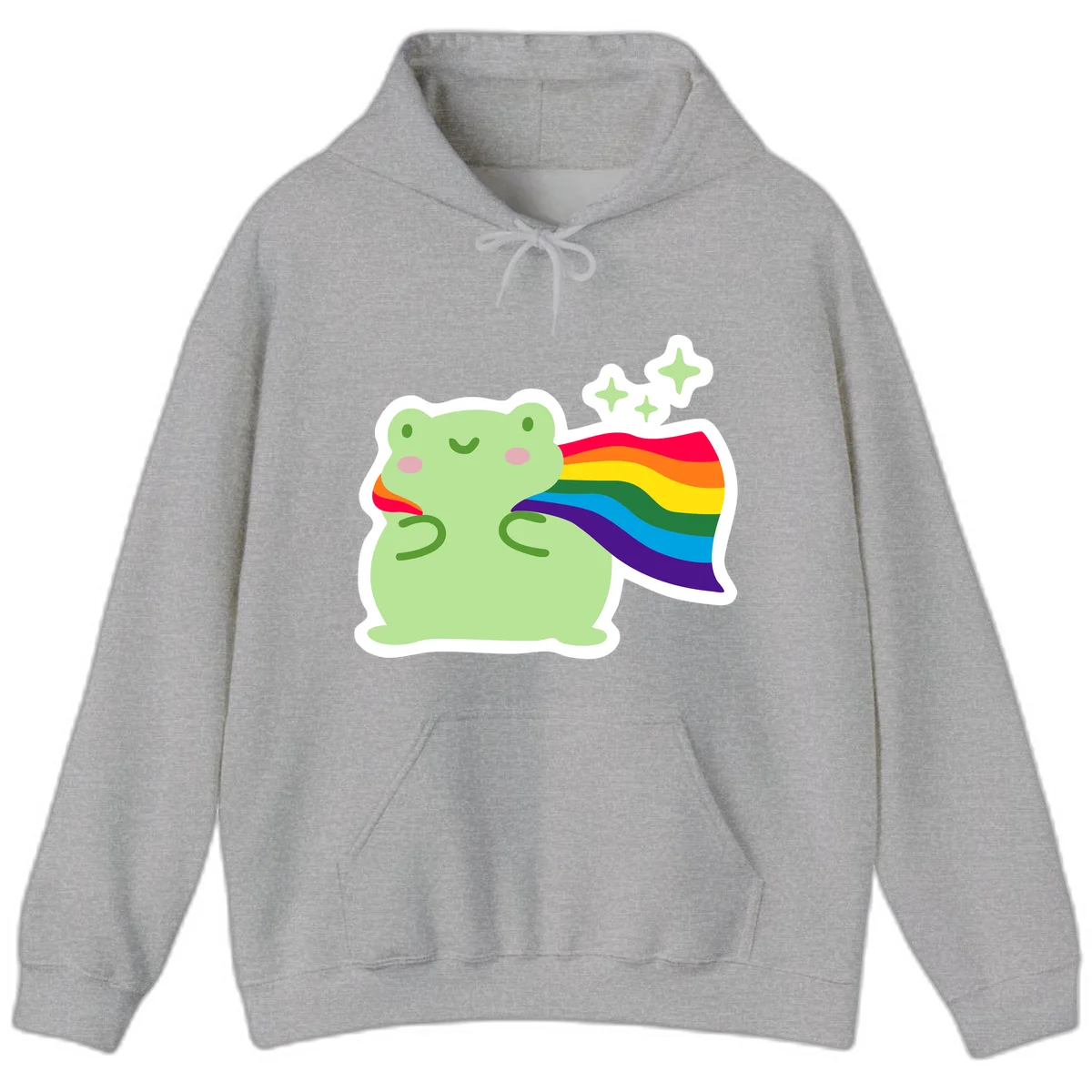 Cute green frog character holding a rainbow pride flag with sparkle stars, celebrating pride and inclusivity in Sport Grey