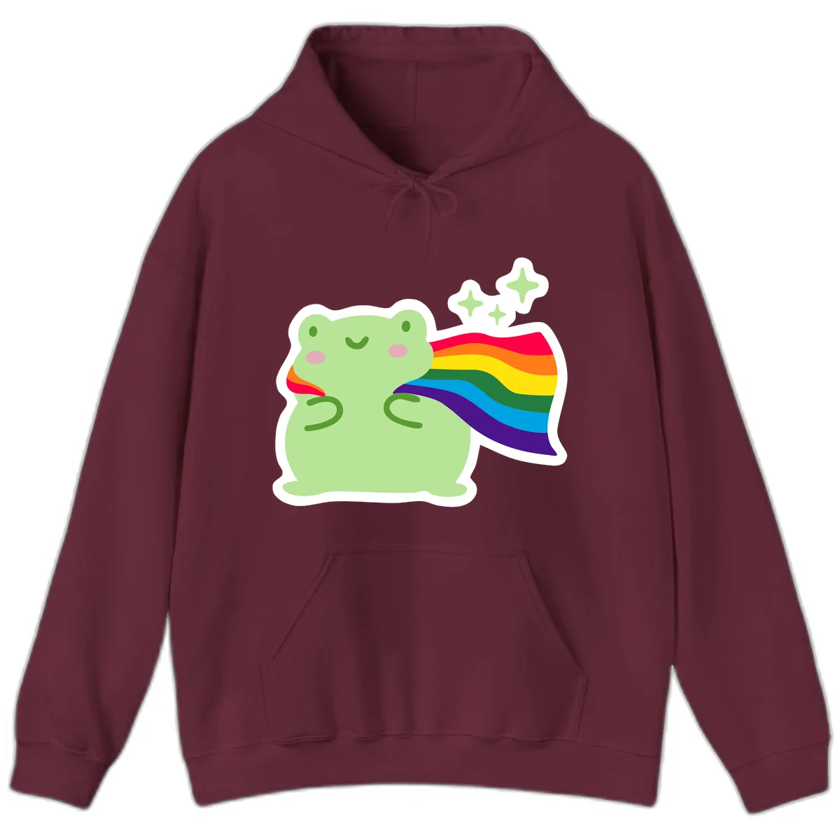 Cute green frog character holding a rainbow pride flag with sparkle stars, celebrating pride and inclusivity in Maroon