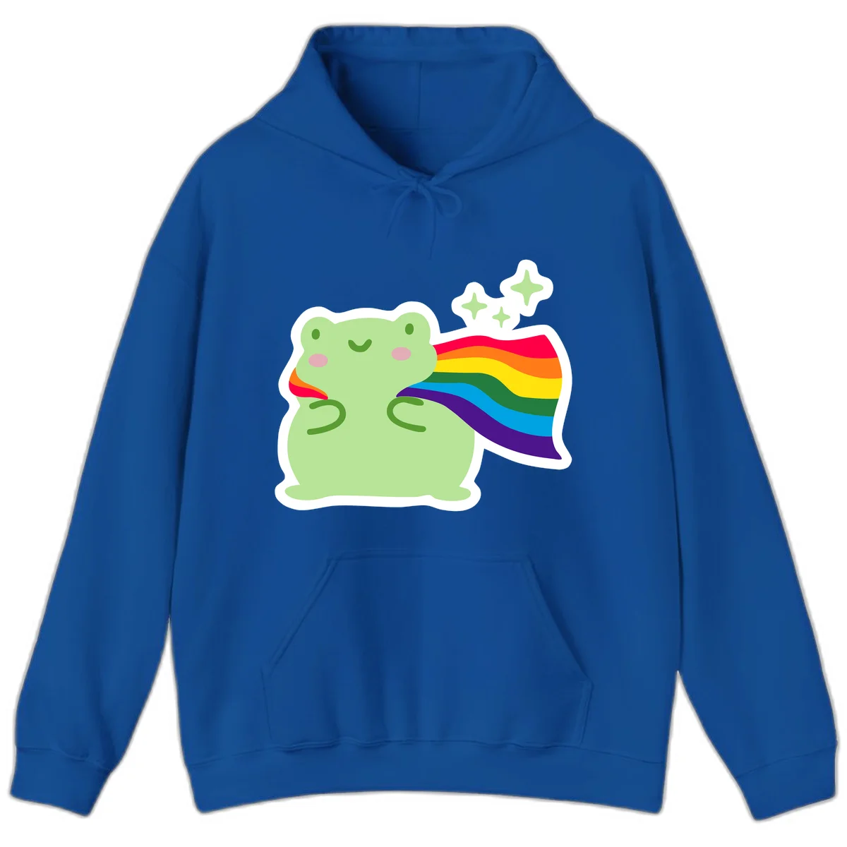 Cute green frog character holding a rainbow pride flag with sparkle stars, celebrating pride and inclusivity in Royal