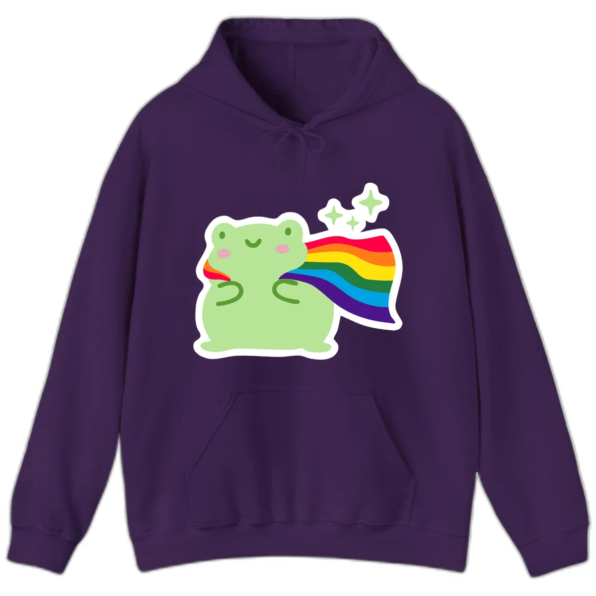 Cute green frog character holding a rainbow pride flag with sparkle stars, celebrating pride and inclusivity in Purple