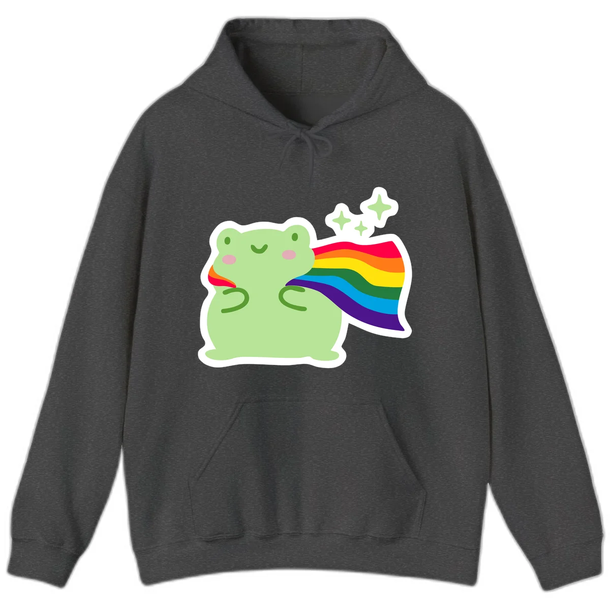 Cute green frog character holding a rainbow pride flag with sparkle stars, celebrating pride and inclusivity in Dark Heather