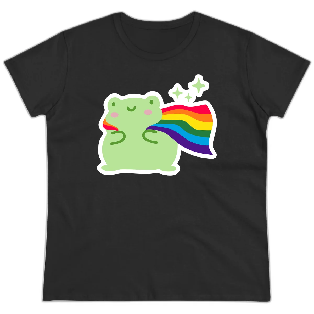 Cute green frog character holding a rainbow pride flag with sparkle stars, celebrating pride and inclusivity in Black
