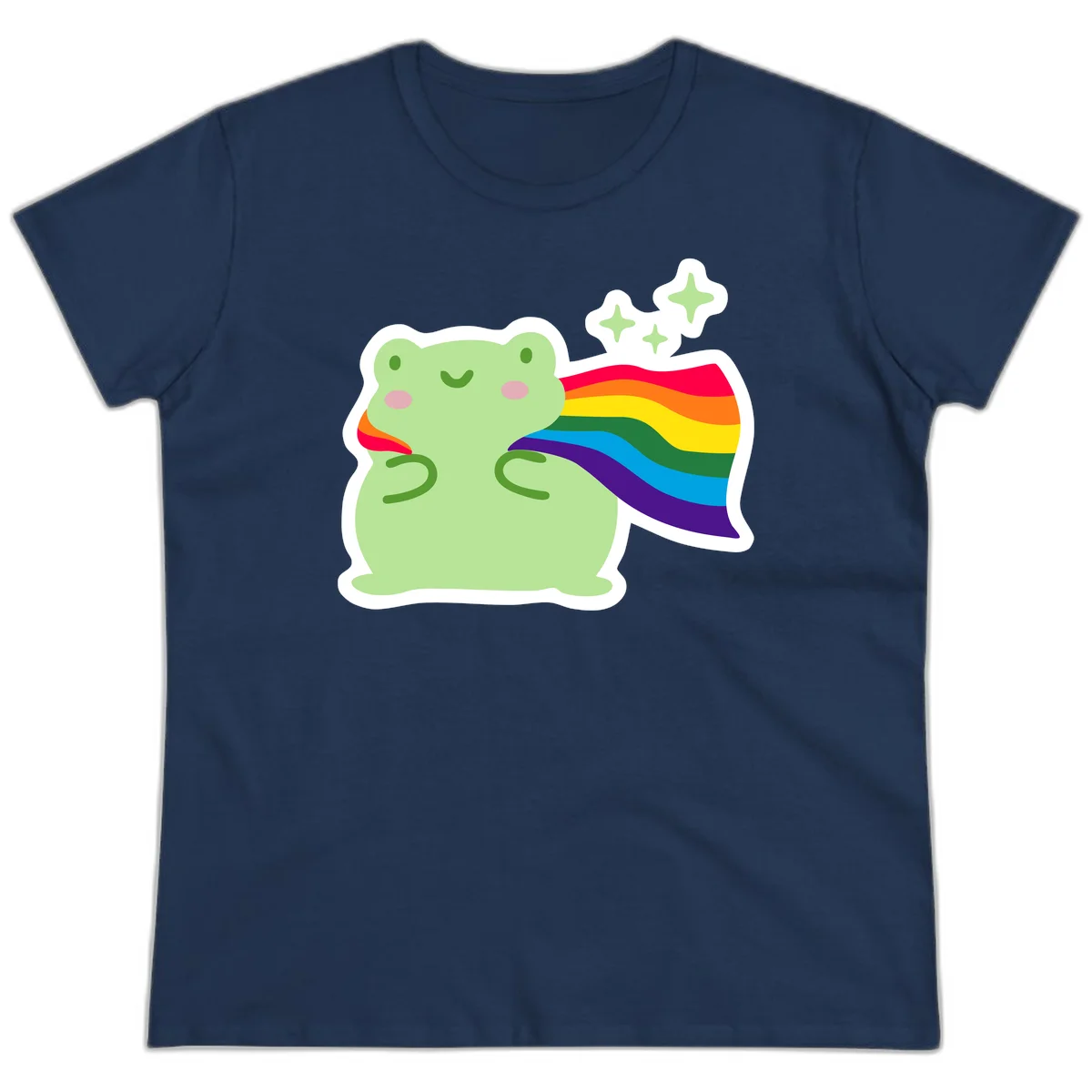 Cute green frog character holding a rainbow pride flag with sparkle stars, celebrating pride and inclusivity in Navy