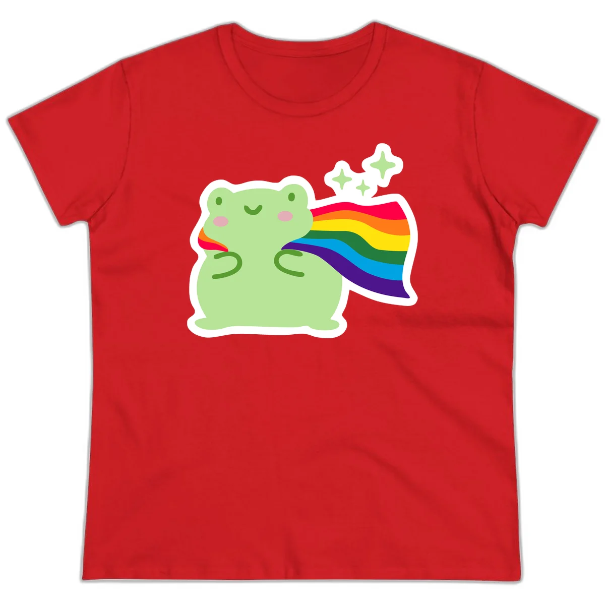 Cute green frog character holding a rainbow pride flag with sparkle stars, celebrating pride and inclusivity in Red