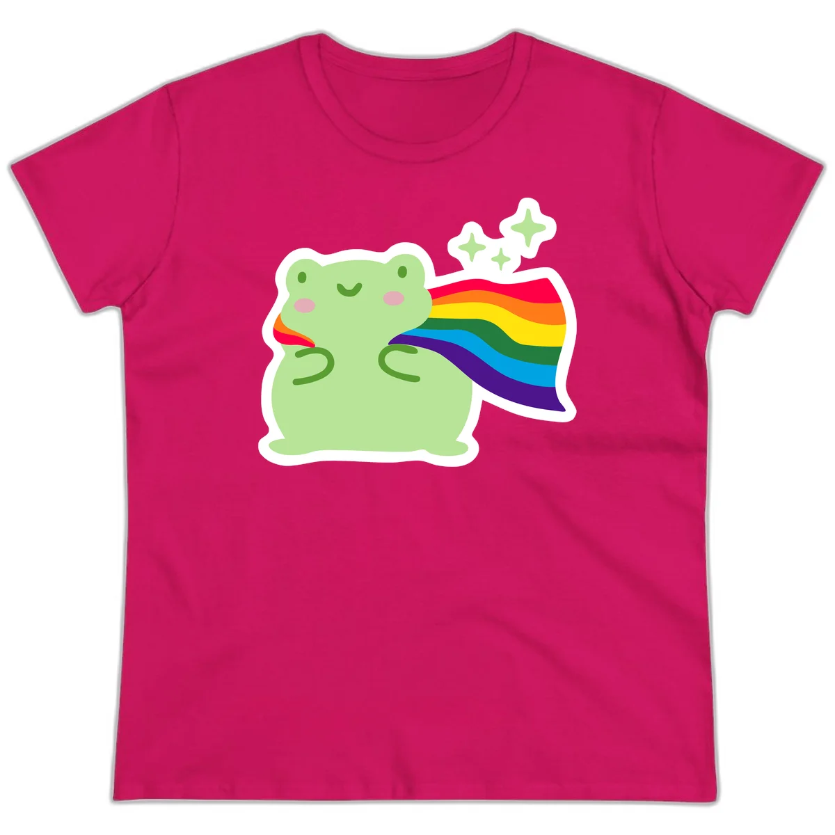 Cute green frog character holding a rainbow pride flag with sparkle stars, celebrating pride and inclusivity in Heliconia