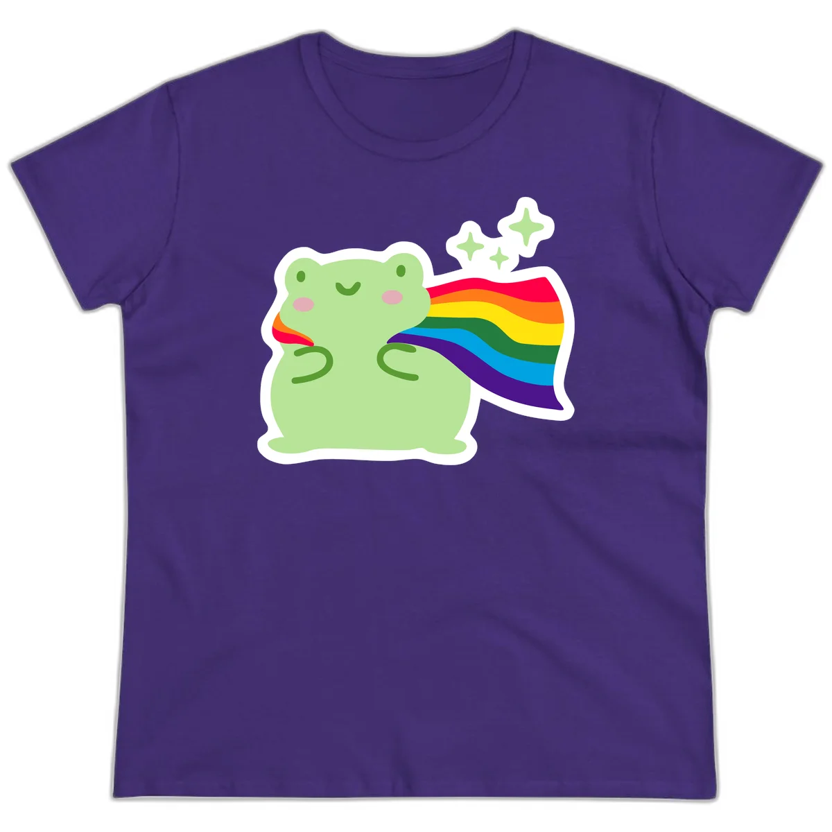 Cute green frog character holding a rainbow pride flag with sparkle stars, celebrating pride and inclusivity in Purple