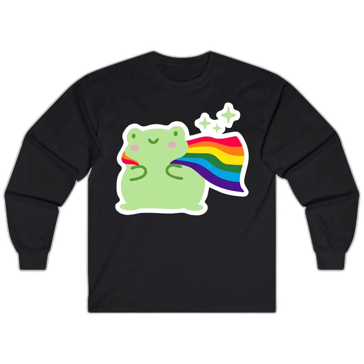Cute green frog character holding a rainbow pride flag with sparkle stars, celebrating pride and inclusivity in Black