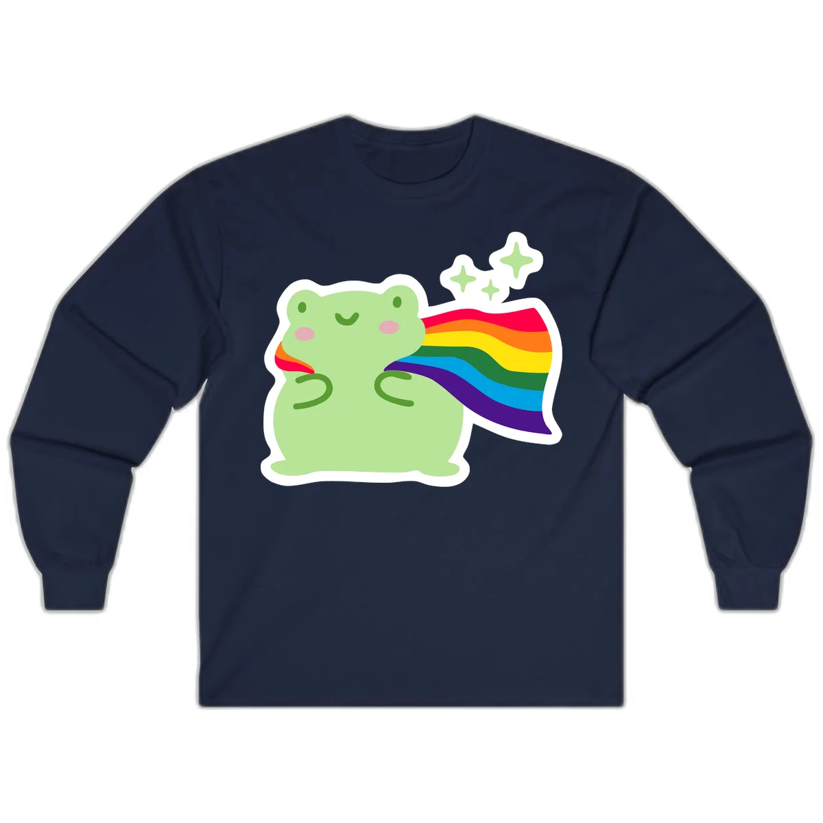 Cute green frog character holding a rainbow pride flag with sparkle stars, celebrating pride and inclusivity in Navy
