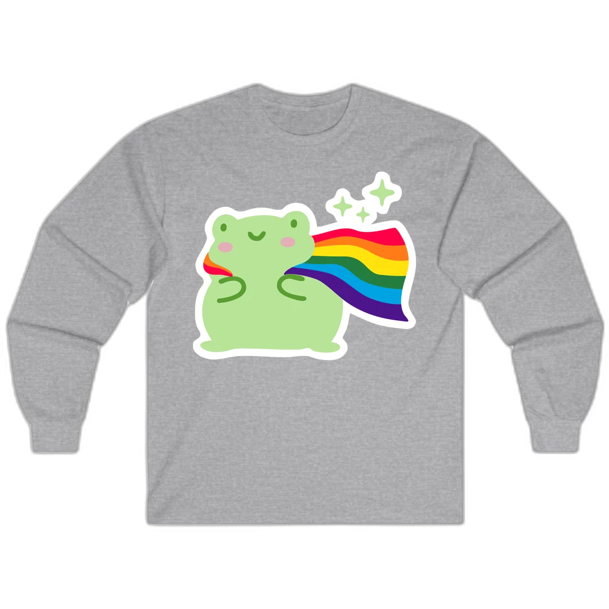 Cute green frog character holding a rainbow pride flag with sparkle stars, celebrating pride and inclusivity in Sport Grey