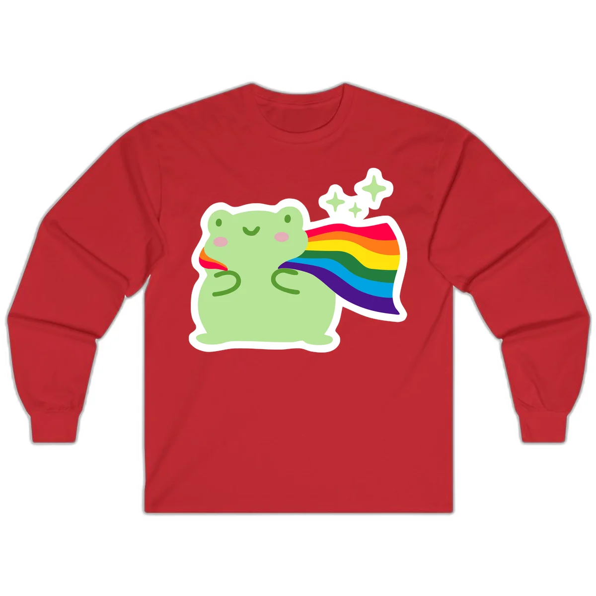 Cute green frog character holding a rainbow pride flag with sparkle stars, celebrating pride and inclusivity in Red