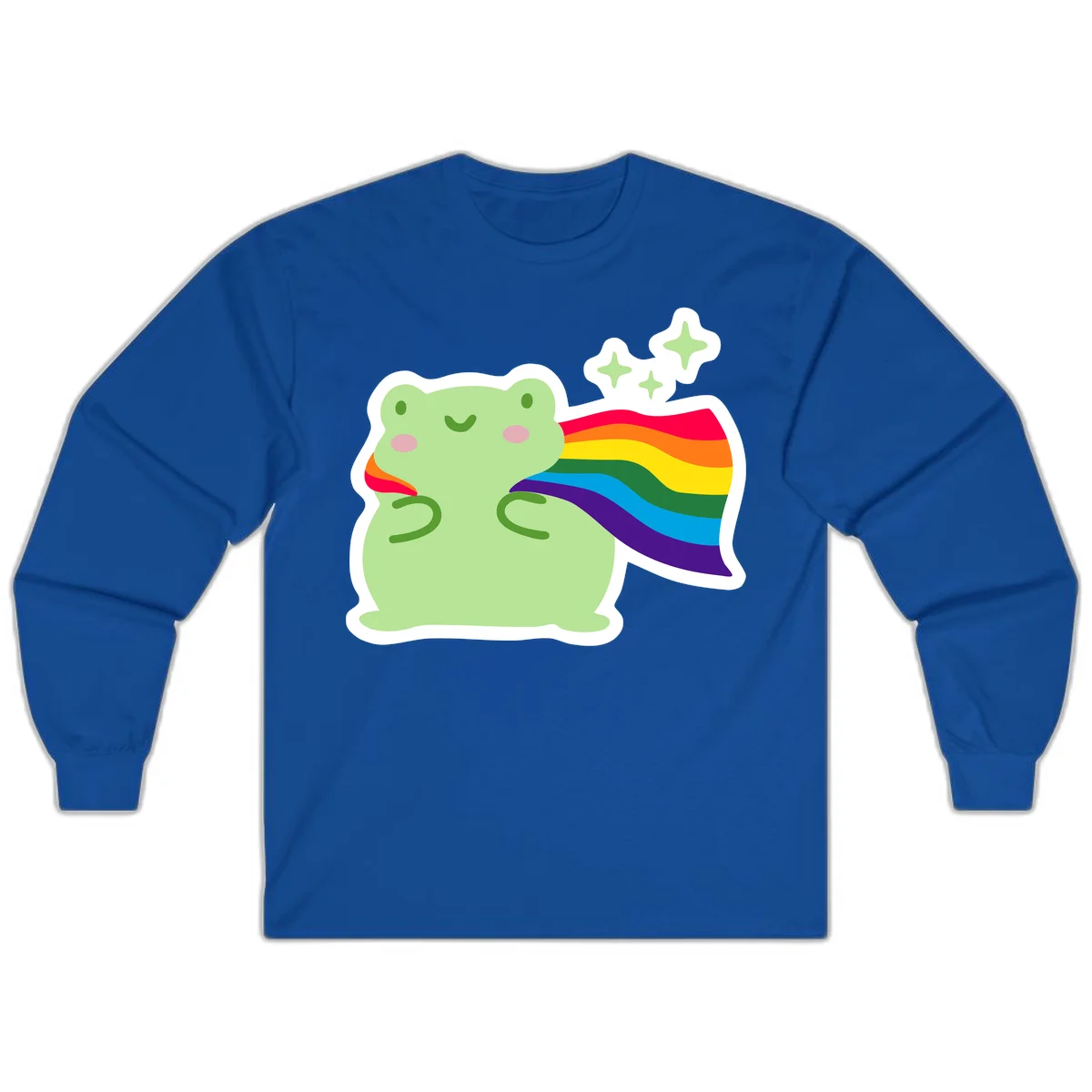 Cute green frog character holding a rainbow pride flag with sparkle stars, celebrating pride and inclusivity in Royal