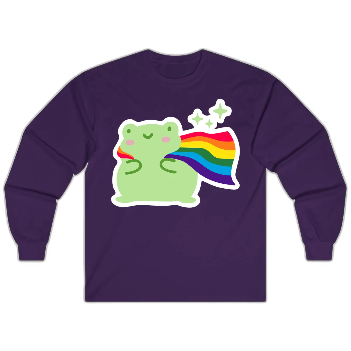 Cute green frog character holding a rainbow pride flag with sparkle stars, celebrating pride and inclusivity in Purple