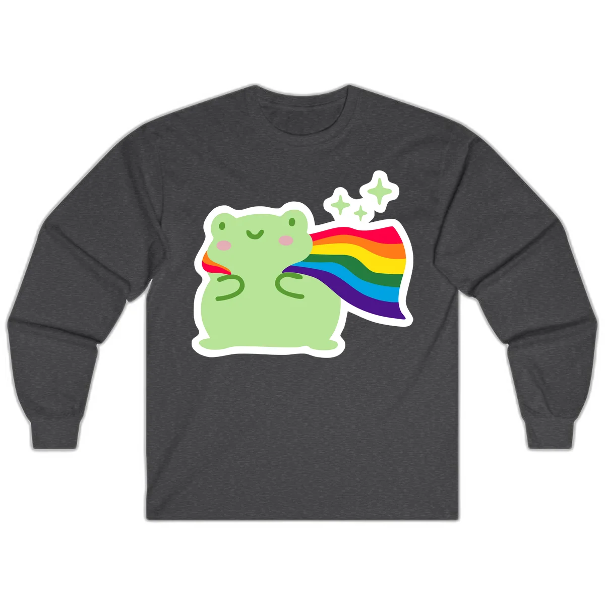 Cute green frog character holding a rainbow pride flag with sparkle stars, celebrating pride and inclusivity in Dark Heather