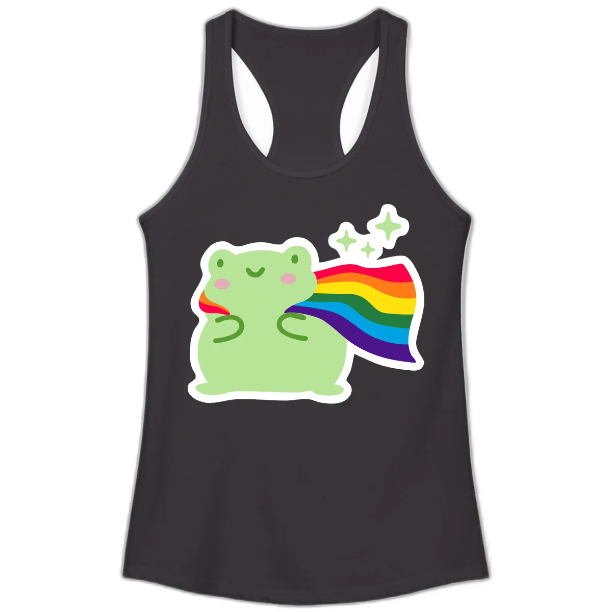 Cute green frog character holding a rainbow pride flag with sparkle stars, celebrating pride and inclusivity in Black