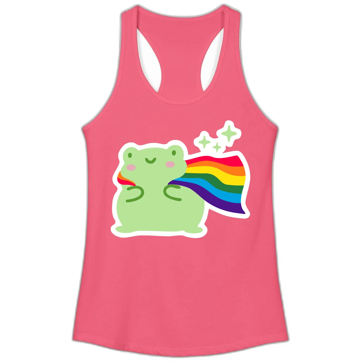 Cute green frog character holding a rainbow pride flag with sparkle stars, celebrating pride and inclusivity in Hot Pink