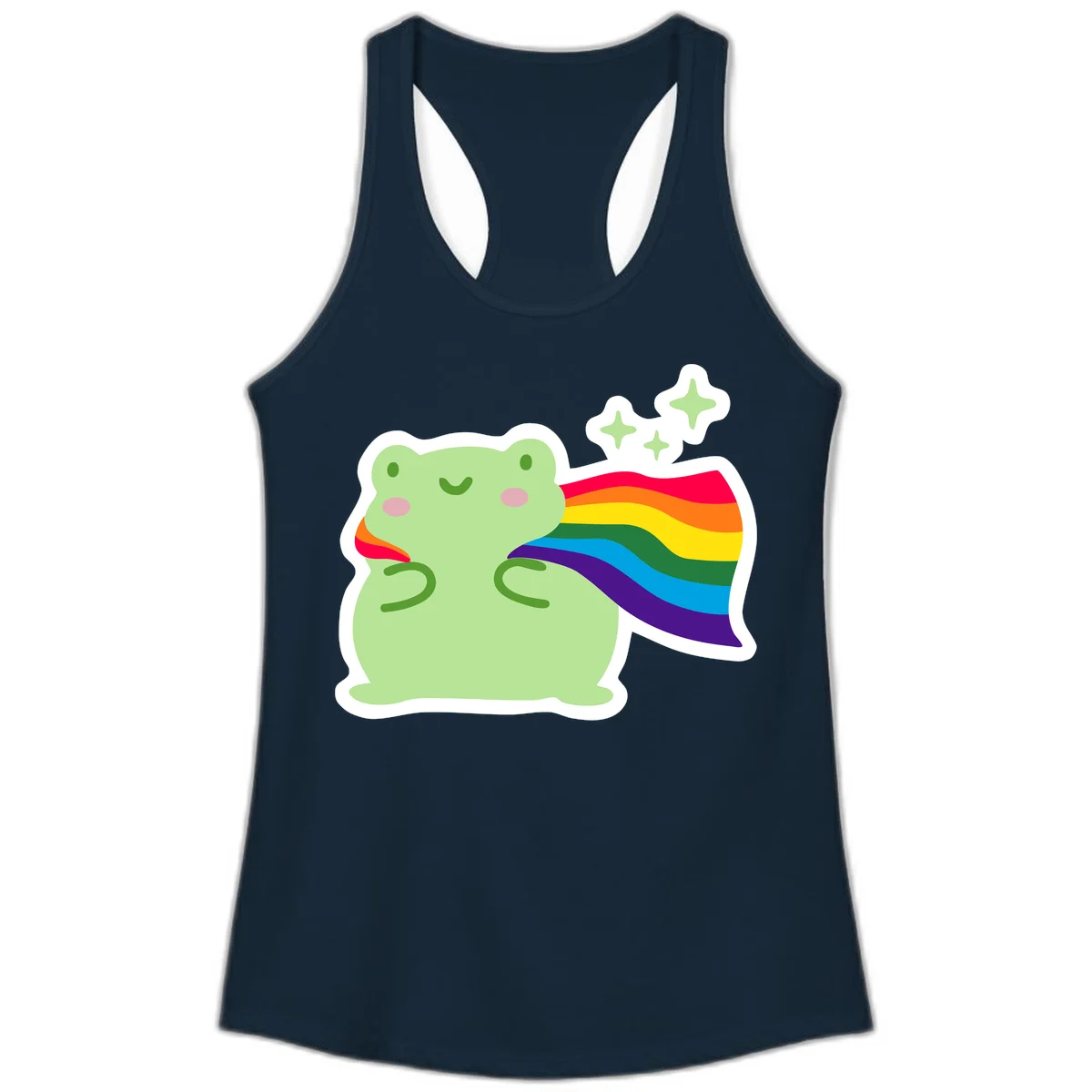 Cute green frog character holding a rainbow pride flag with sparkle stars, celebrating pride and inclusivity in Solid Midnight Navy