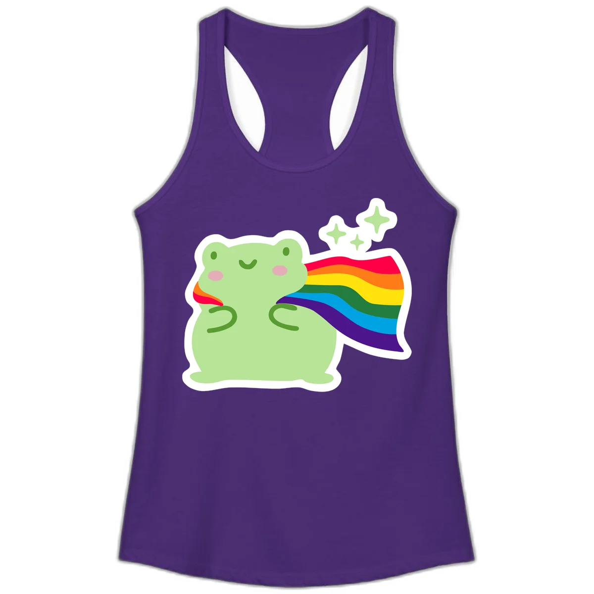 Cute green frog character holding a rainbow pride flag with sparkle stars, celebrating pride and inclusivity in Solid Purple Rush