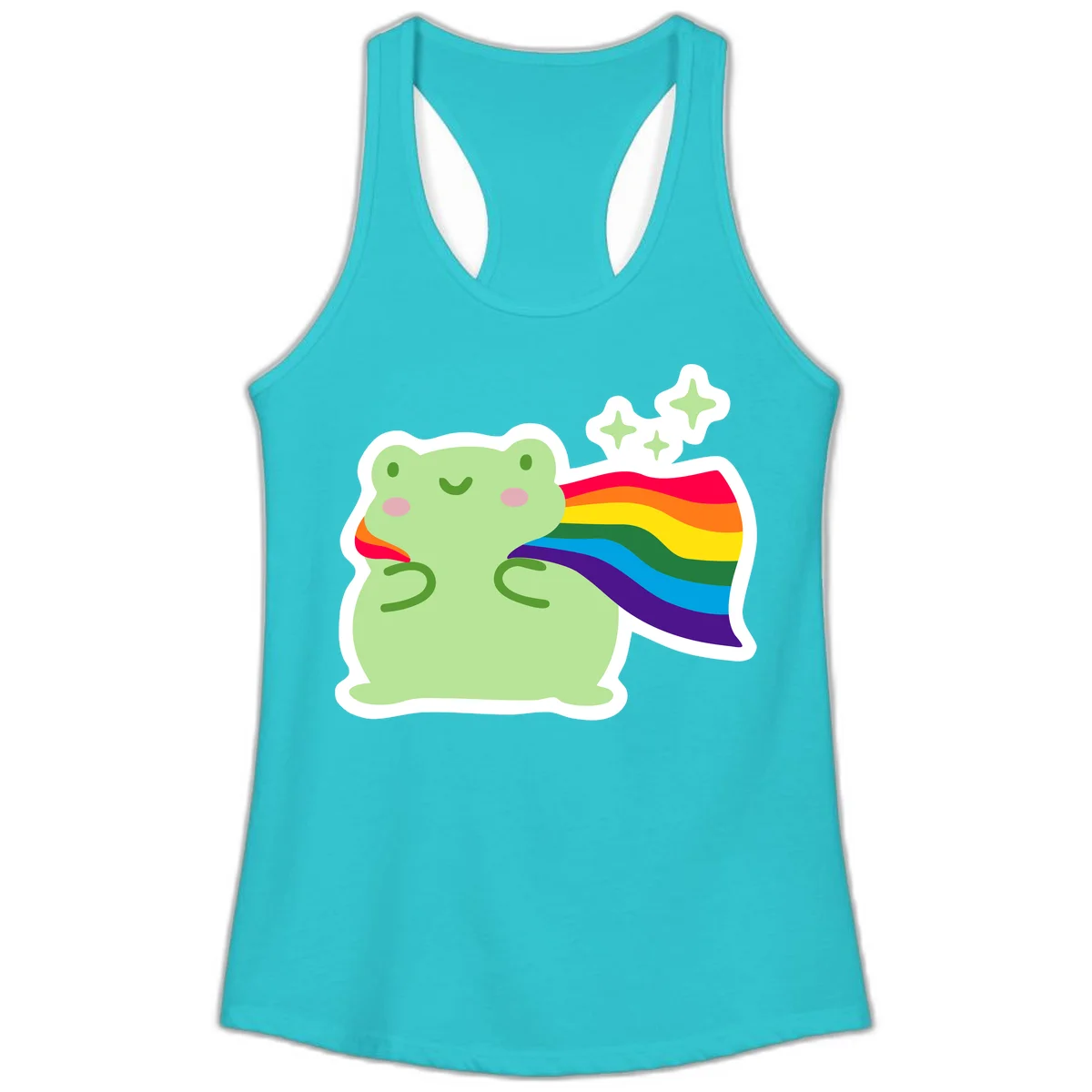 Cute green frog character holding a rainbow pride flag with sparkle stars, celebrating pride and inclusivity in Solid Tahiti Blue