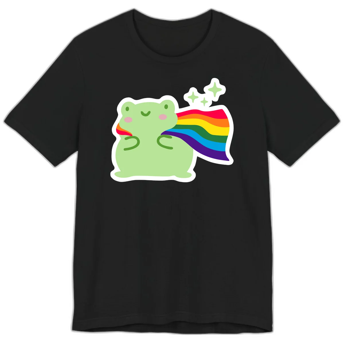 Cute green frog character holding a rainbow pride flag with sparkle stars, celebrating pride and inclusivity in Black