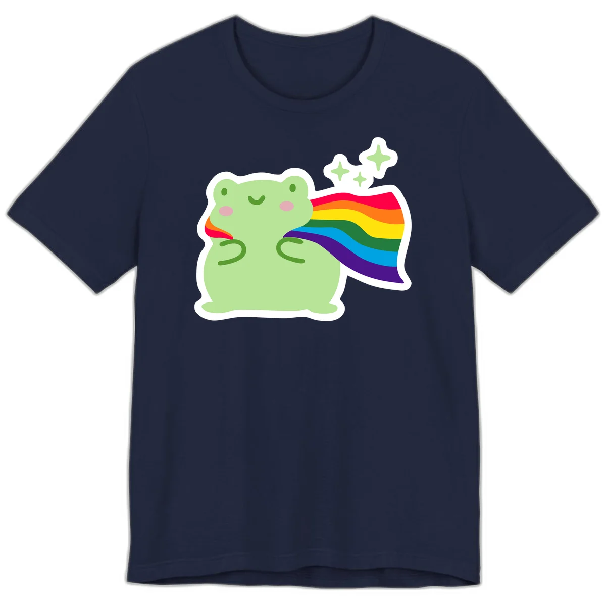 Cute green frog character holding a rainbow pride flag with sparkle stars, celebrating pride and inclusivity in Navy