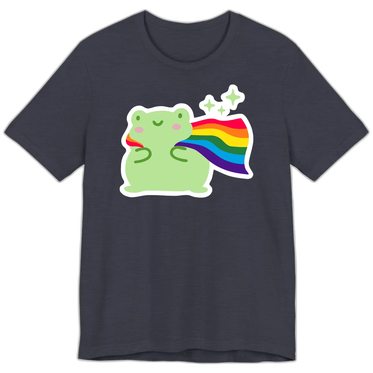 Cute green frog character holding a rainbow pride flag with sparkle stars, celebrating pride and inclusivity in Heather Midnight Navy