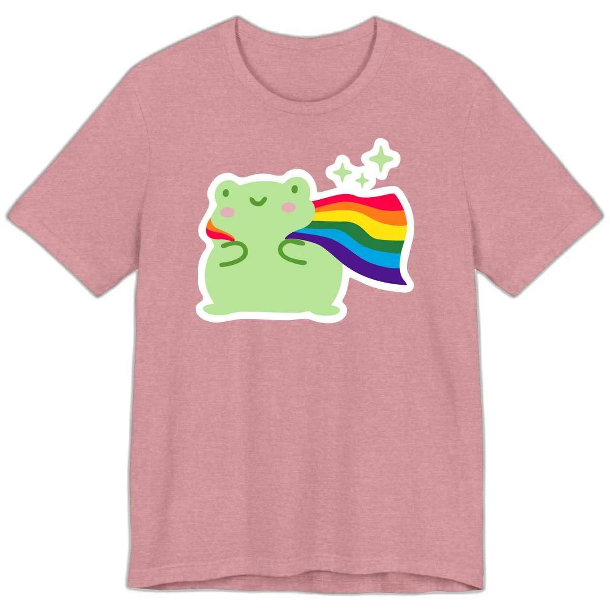 Cute green frog character holding a rainbow pride flag with sparkle stars, celebrating pride and inclusivity in Heather Orchid