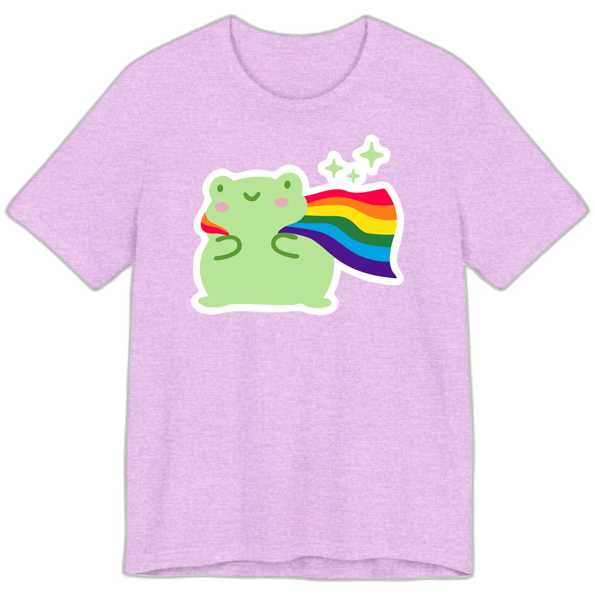 Cute green frog character holding a rainbow pride flag with sparkle stars, celebrating pride and inclusivity in Heather Prism Lilac