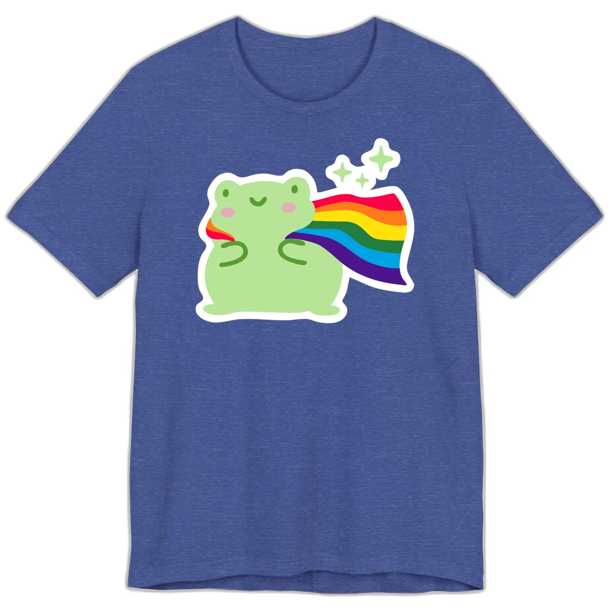 Cute green frog character holding a rainbow pride flag with sparkle stars, celebrating pride and inclusivity in Heather True Royal