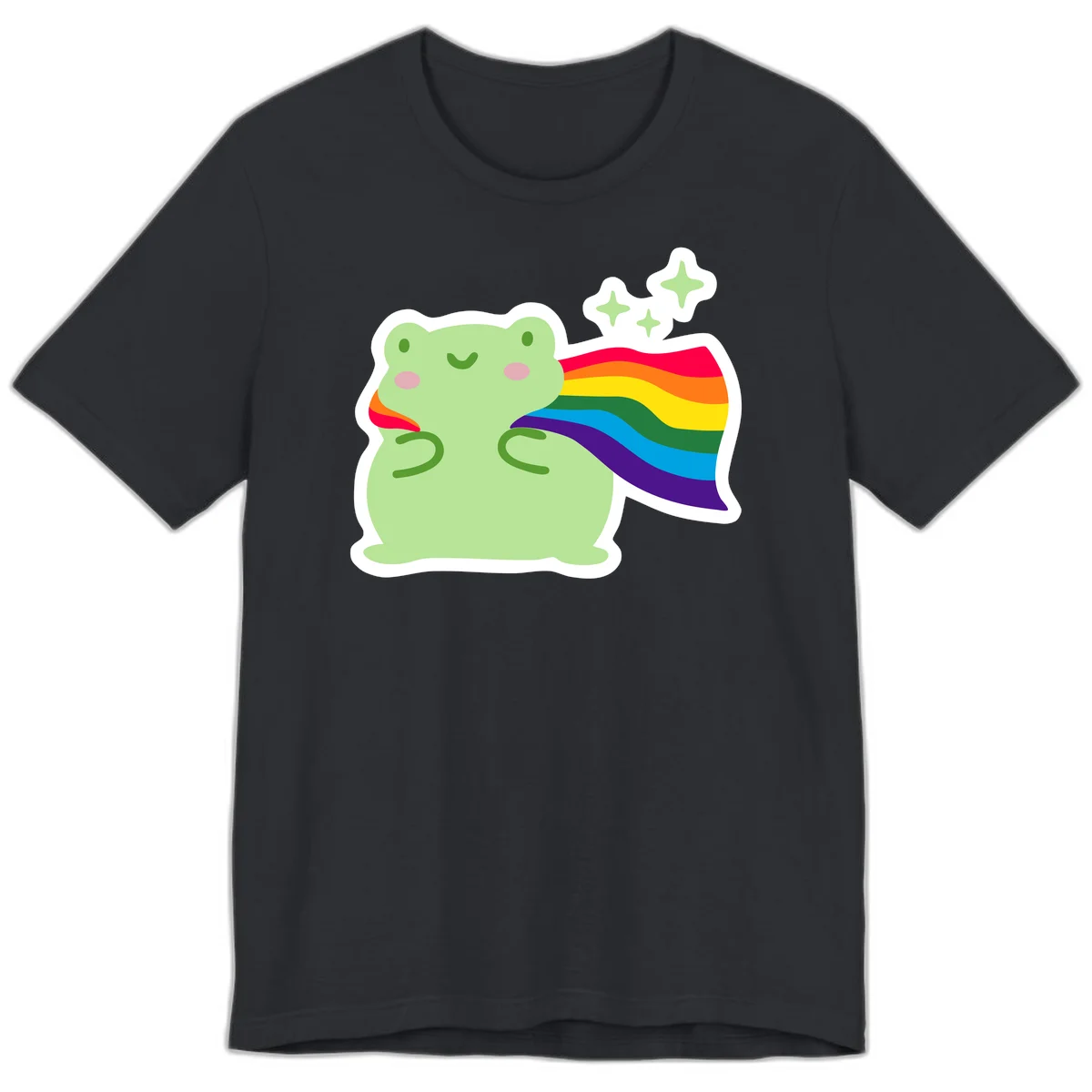 Cute green frog character holding a rainbow pride flag with sparkle stars, celebrating pride and inclusivity in Vintage Black