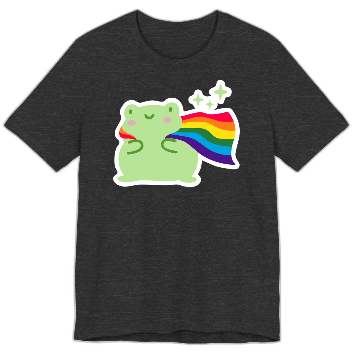 Cute green frog character holding a rainbow pride flag with sparkle stars, celebrating pride and inclusivity in Dark Grey Heather