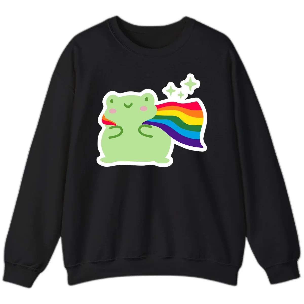 Cute green frog character holding a rainbow pride flag with sparkle stars, celebrating pride and inclusivity in Black