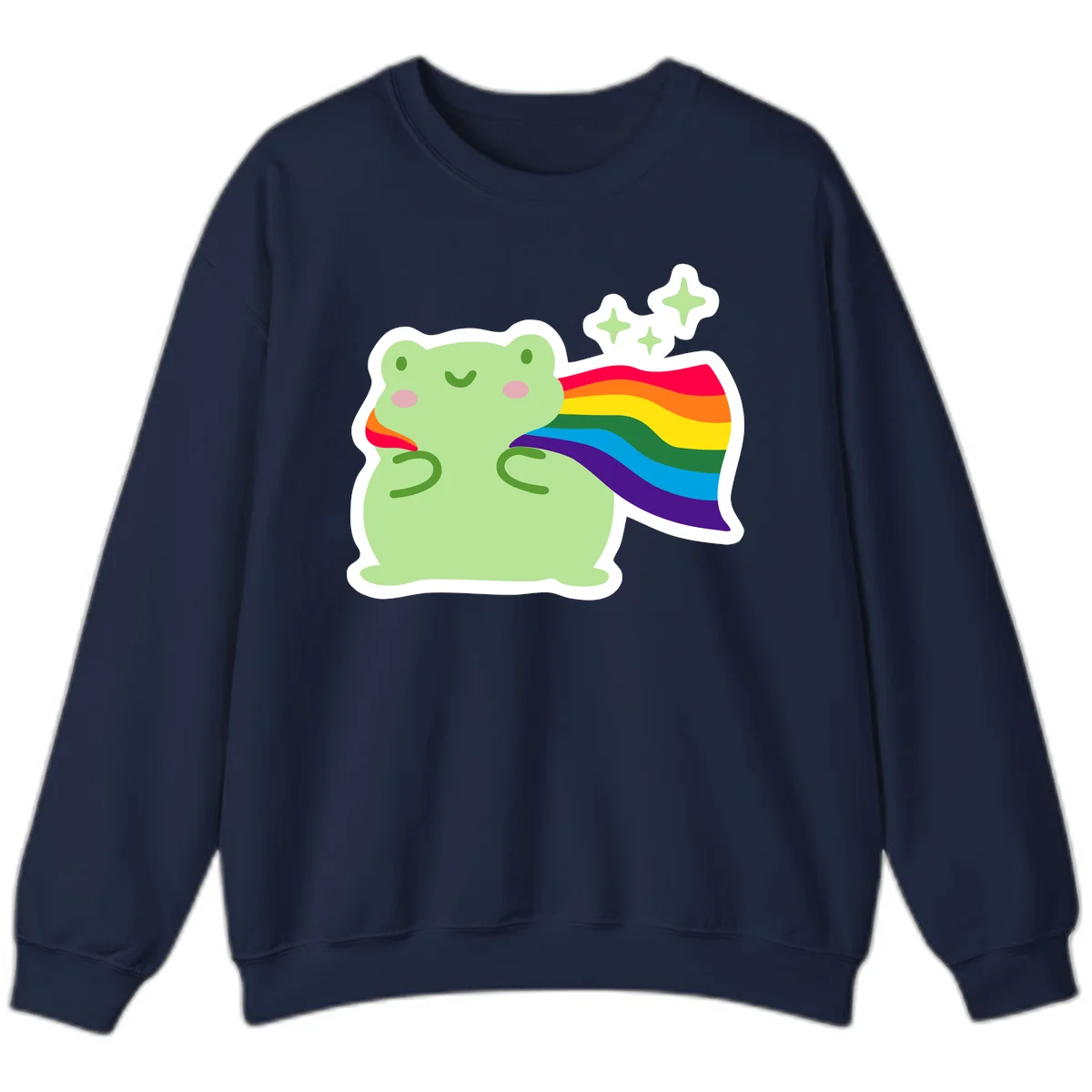 Cute green frog character holding a rainbow pride flag with sparkle stars, celebrating pride and inclusivity in Navy