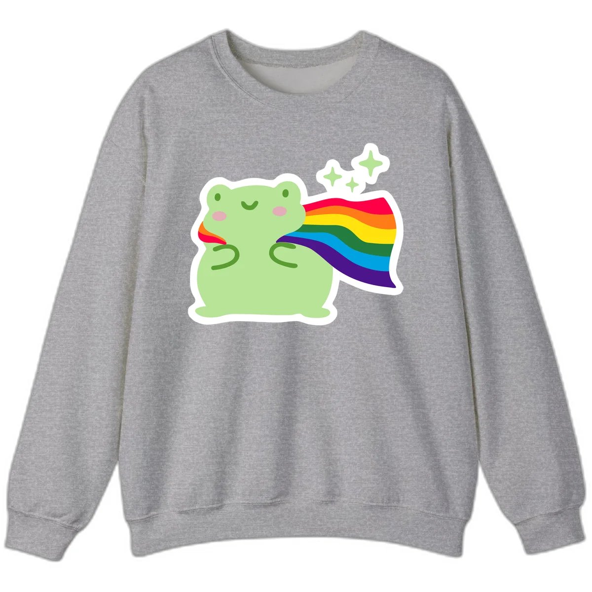 Cute green frog character holding a rainbow pride flag with sparkle stars, celebrating pride and inclusivity in Sport Grey
