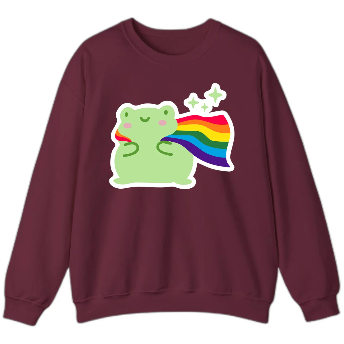 Cute green frog character holding a rainbow pride flag with sparkle stars, celebrating pride and inclusivity in Maroon