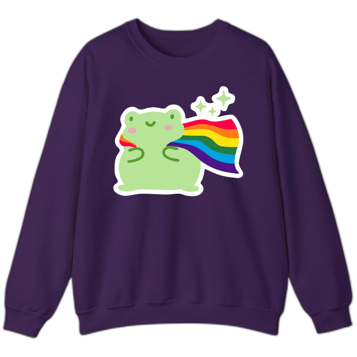 Cute green frog character holding a rainbow pride flag with sparkle stars, celebrating pride and inclusivity in Purple