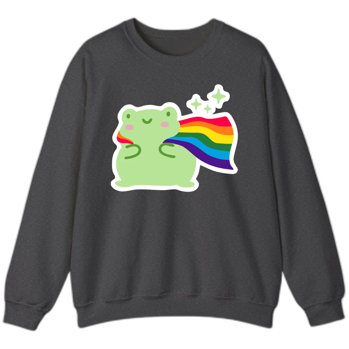 Cute green frog character holding a rainbow pride flag with sparkle stars, celebrating pride and inclusivity in Dark Heather