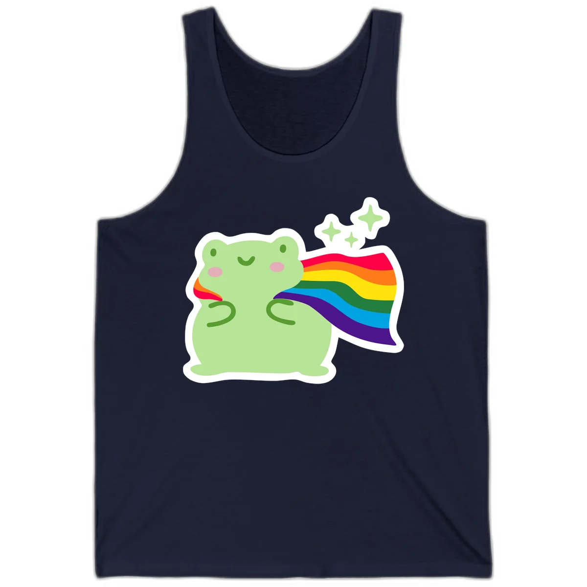 Cute green frog character holding a rainbow pride flag with sparkle stars, celebrating pride and inclusivity in Navy