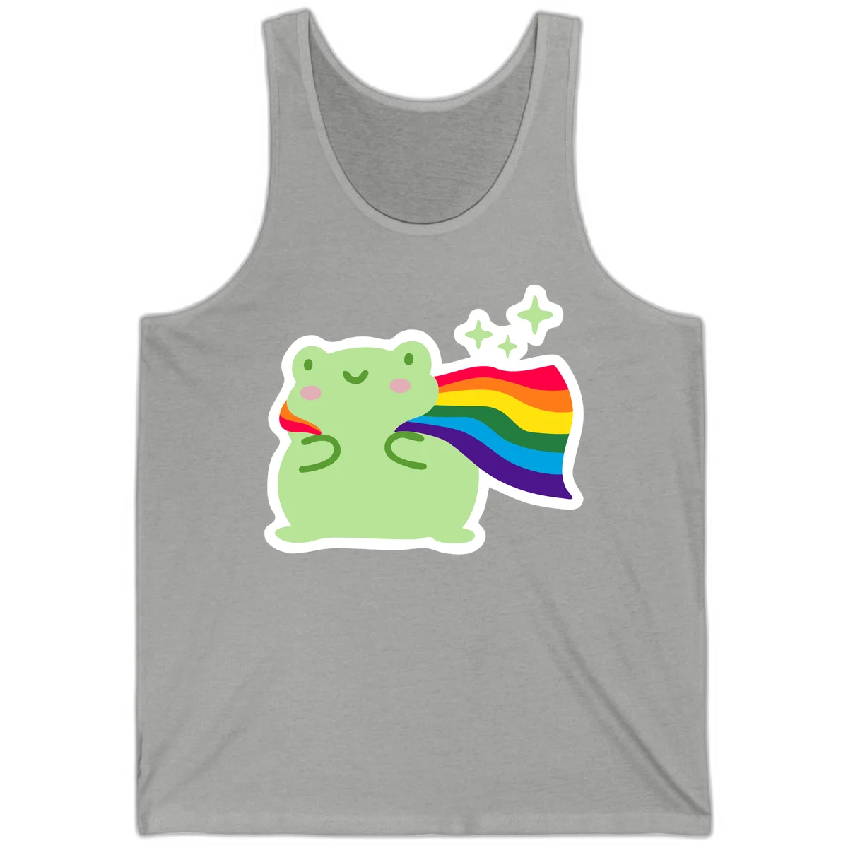Cute green frog character holding a rainbow pride flag with sparkle stars, celebrating pride and inclusivity in Athletic Heather