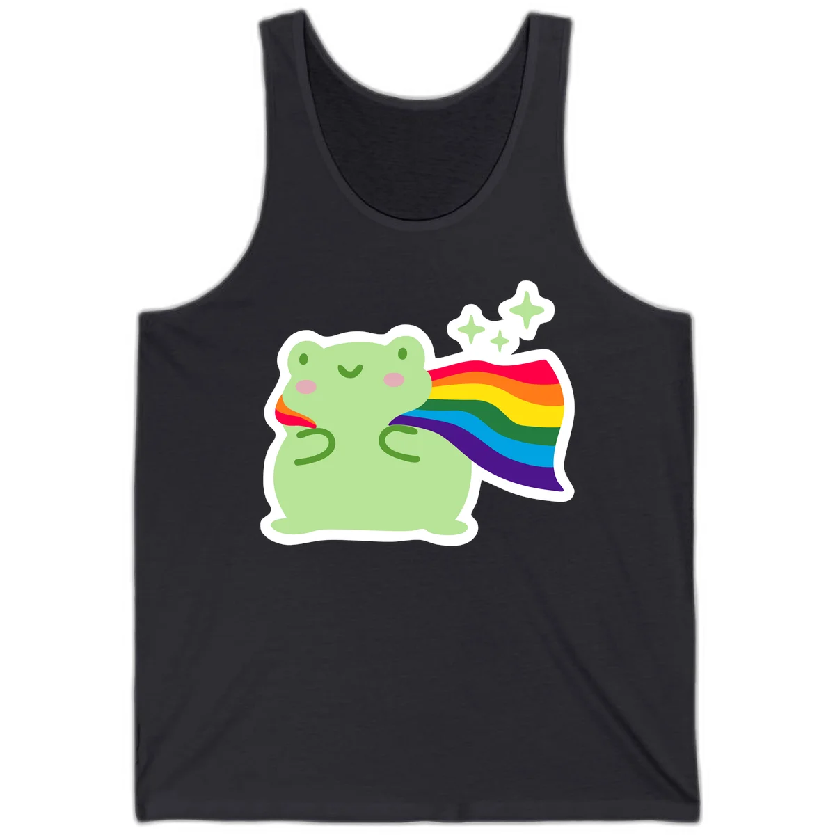 Cute green frog character holding a rainbow pride flag with sparkle stars, celebrating pride and inclusivity in Dark Grey