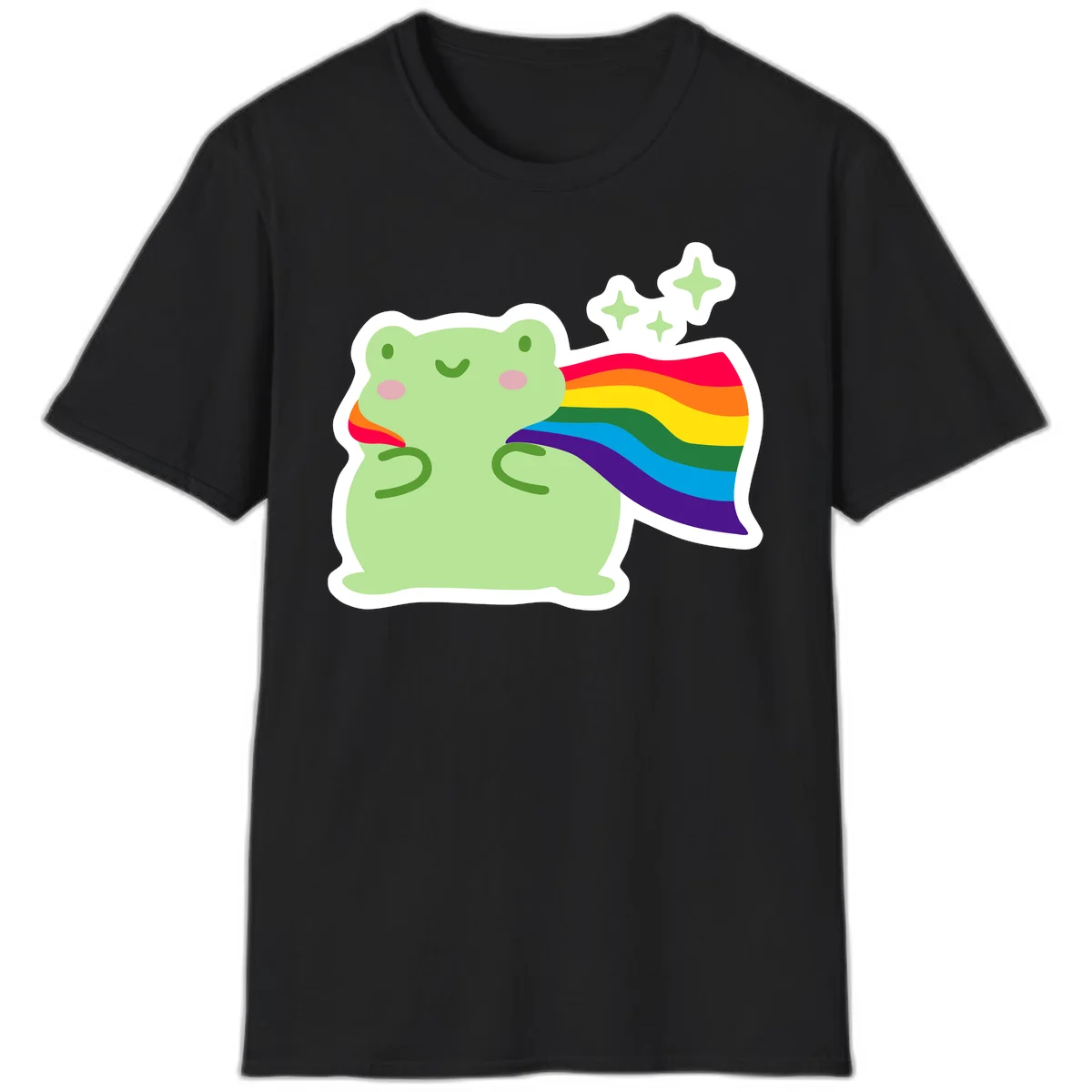 Cute green frog character holding a rainbow pride flag with sparkle stars, celebrating pride and inclusivity in Black