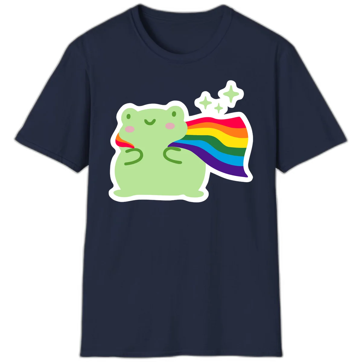 Cute green frog character holding a rainbow pride flag with sparkle stars, celebrating pride and inclusivity in Navy