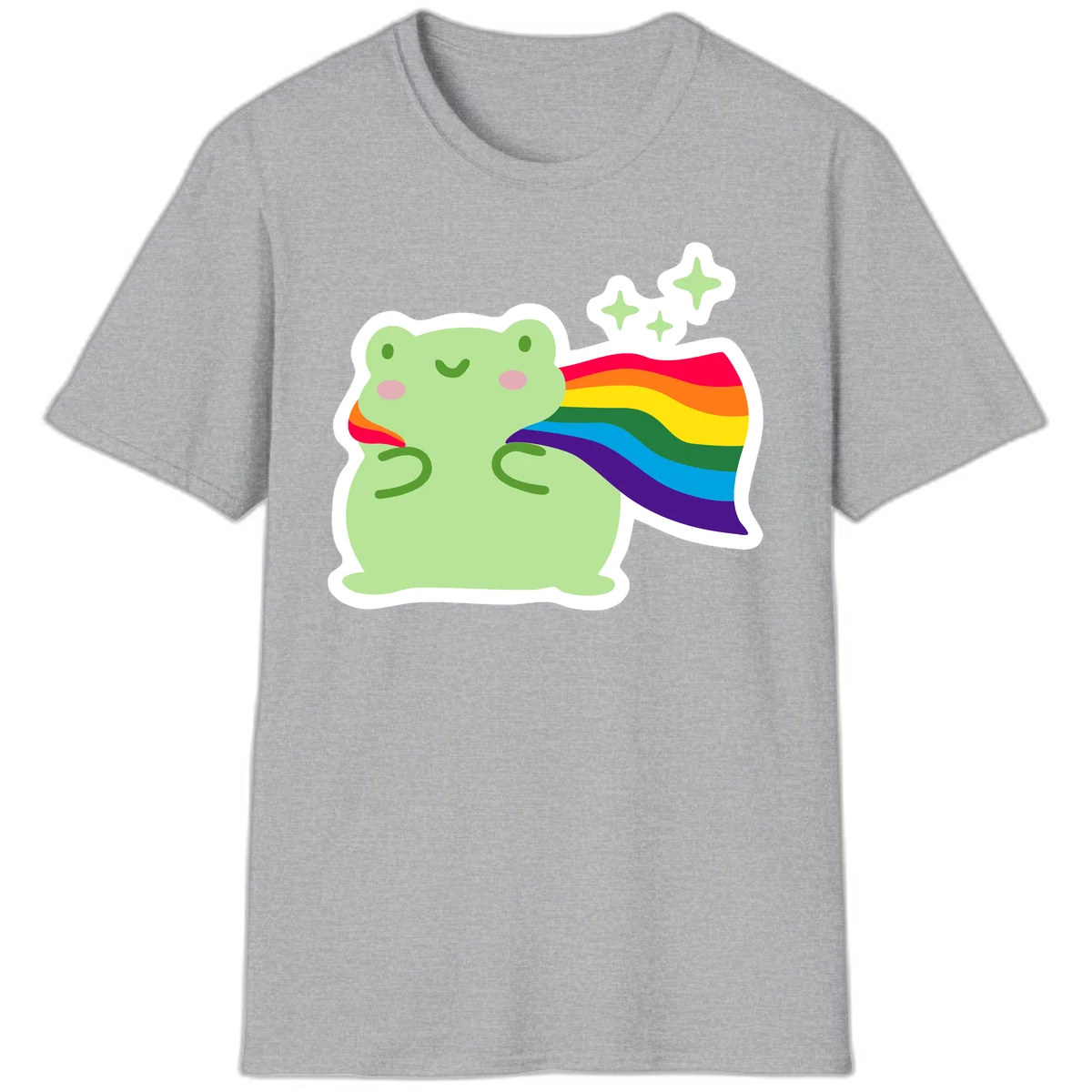 Cute green frog character holding a rainbow pride flag with sparkle stars, celebrating pride and inclusivity in Sport Grey