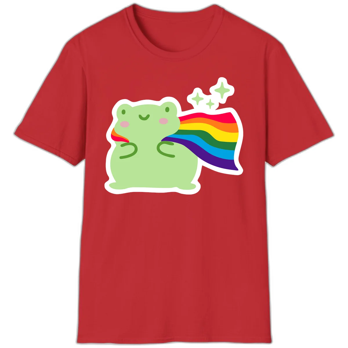Cute green frog character holding a rainbow pride flag with sparkle stars, celebrating pride and inclusivity in Red