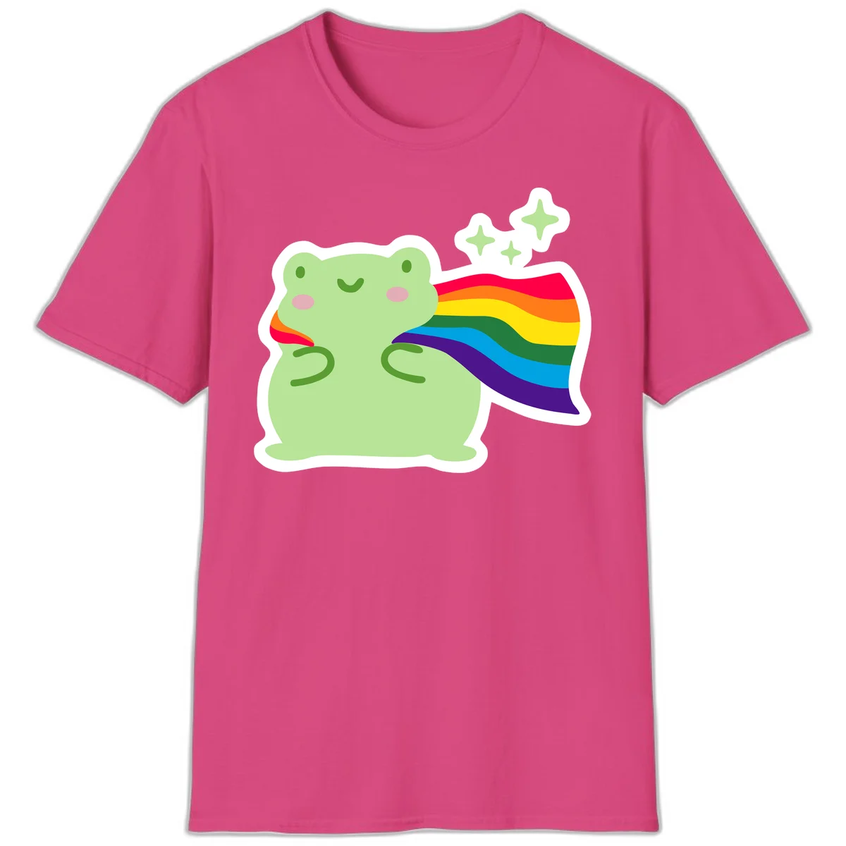 Cute green frog character holding a rainbow pride flag with sparkle stars, celebrating pride and inclusivity in Heliconia