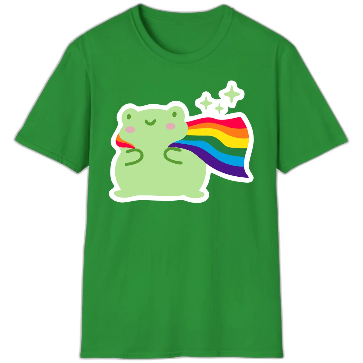 Cute green frog character holding a rainbow pride flag with sparkle stars, celebrating pride and inclusivity in Irish Green
